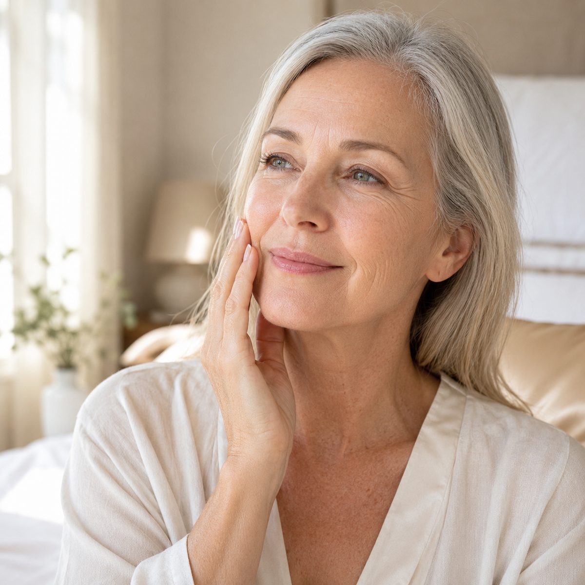A woman resting a hand on her smooth cheek in soft morning light