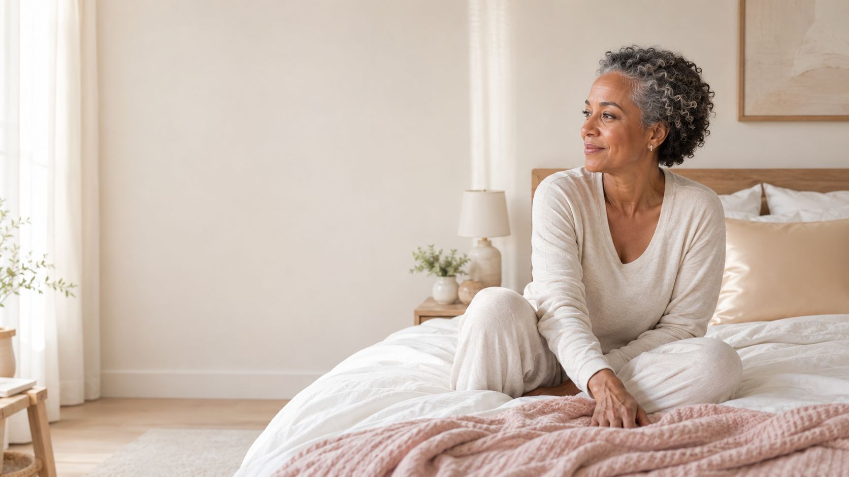 A woman sitting on her bed in soft morning light, the silk pillowcase beside her