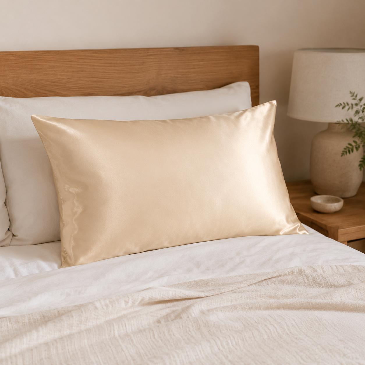 Champagne silk pillowcase on a made bed in soft morning light