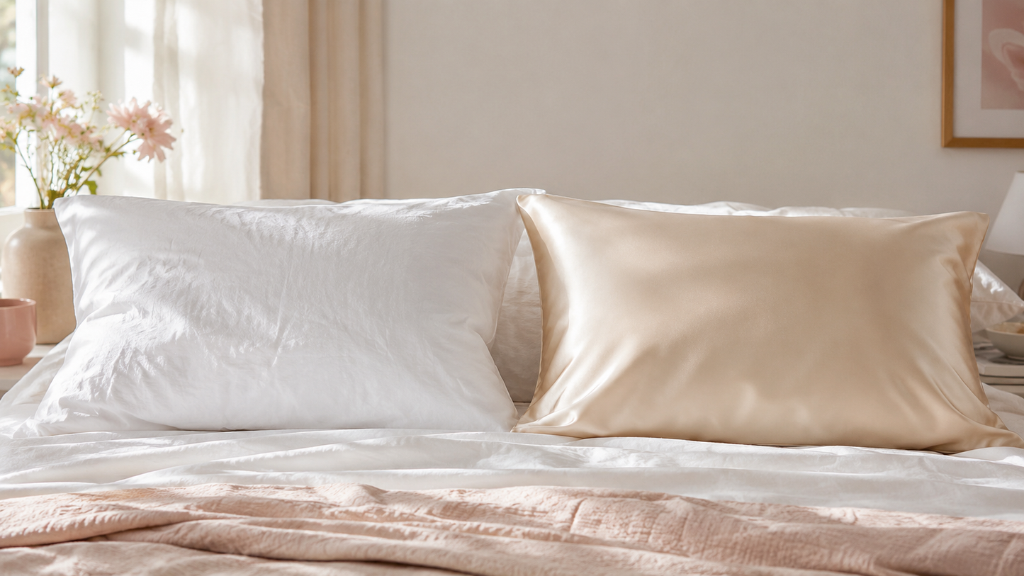Cotton pillowcase next to the champagne silk pillowcase on the same bed