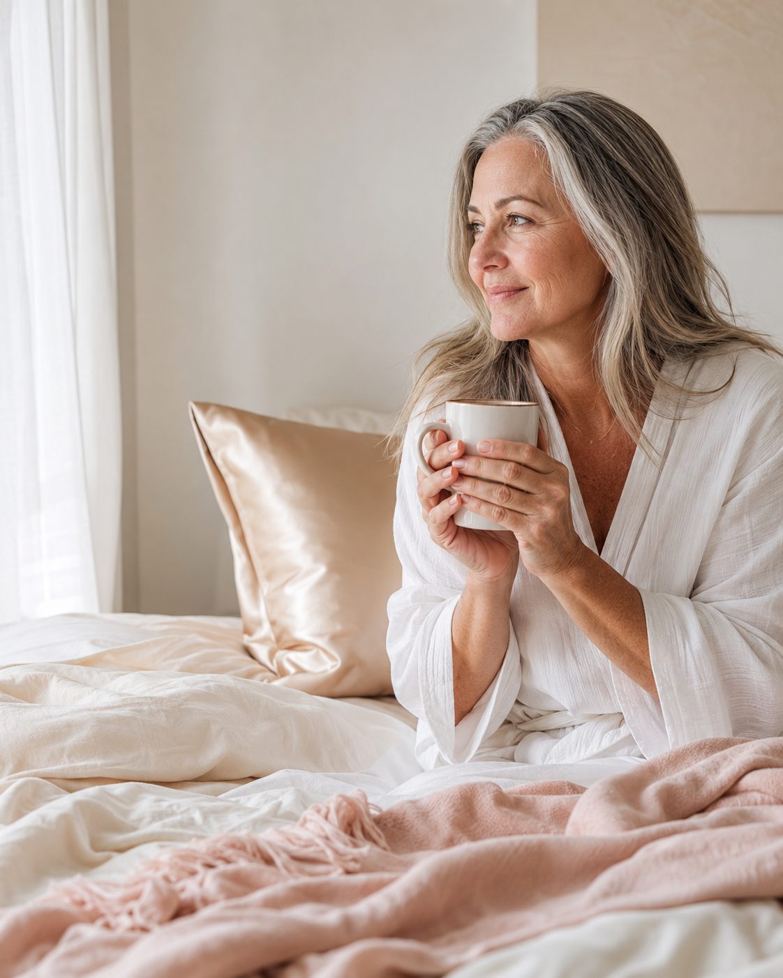 A woman resting on her bed in soft morning light, a champagne silk pillowcase beside her