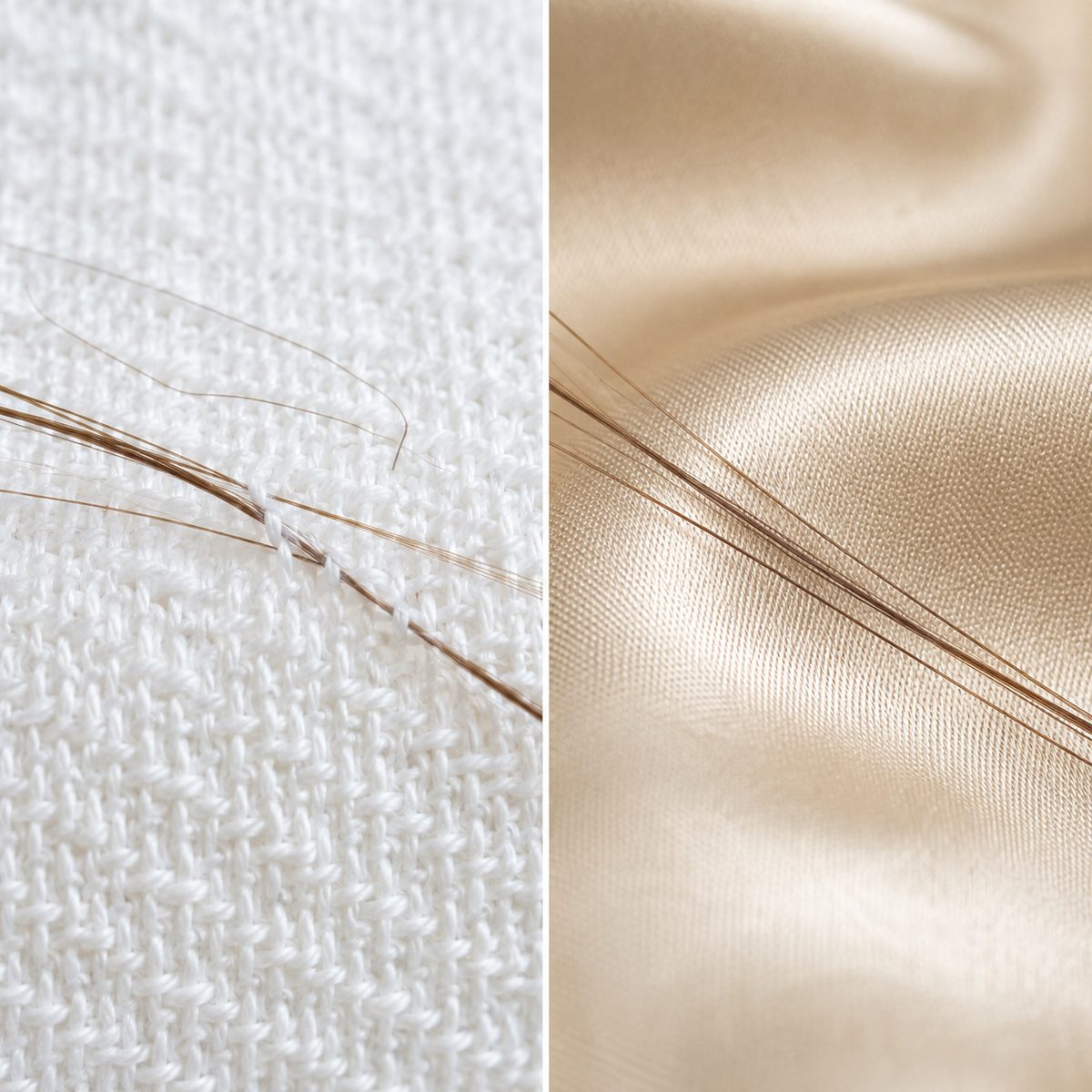A single hair shown on two surfaces: on the left it snags and bends on a rough cotton weave, on the right it lies smooth and straight on champagne silk